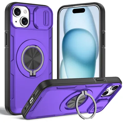 Produktbild von Magnetische Hülle für iPhone 15, Militär Stoßfest Handyhülle mit Kameraschutz und Ringhalter Ständer Lila