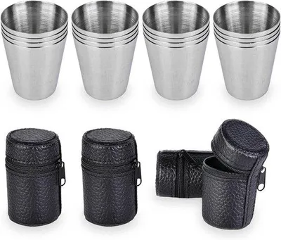 Produktbild von Hüftbecher aus Edelstahl – 16 Stück – mit Lederetui – 30 ml