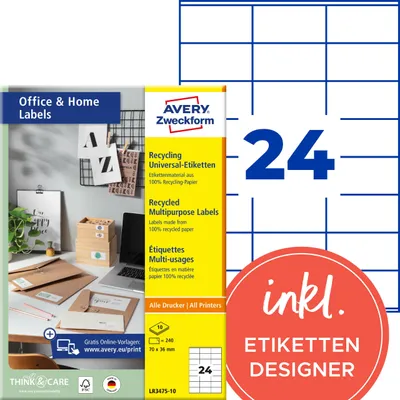 Obrázek produktu pro Avery LR3475-10, Bílá, Obdélník, Permanentní, 70 x 36 mm, A4, Papír