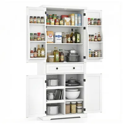 Immagine prodotto di COSTWAY Mobile da cucina alto, 184 cm, dispensa, mobile buffet con 4 ripiani, 2 vassoi scorrevoli, 4 ante e un cassetto, mobile contenitore, bianco