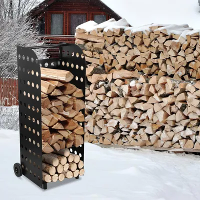 Immagine prodotto di Portabracce Vigevee su ruote, 42 x 35 x 112 cm, carrello per legna da ardere in acciaio, capacità di carico fino a 60 kg, colore nero