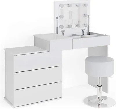 Immagine prodotto di Toeletta da donna con sgabello - Bianca - Specchio con luci LED - 118 x 78 x 45 cm