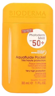 Produktbild von Bioderma Photoderm MAX Aquafluide Pocket SPF 50+, Sonnenschutzcreme, Gesicht, Flasche, Schutz, Mischhaut, normale Haut, 30 ml
