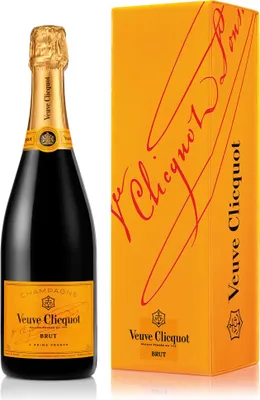 A bottle of Veuve Clicquot Brut champagne and its gift box are displayed against a white background.