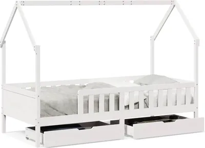 A white wooden children's bed with a house-like frame and two drawers underneath, shown against a white background.
