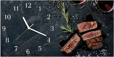 Produktbild von Wanduhr aus Glas mit Motiv Steak und Rotwein- 60 x 30 cm - inkl. Aufhängesystem