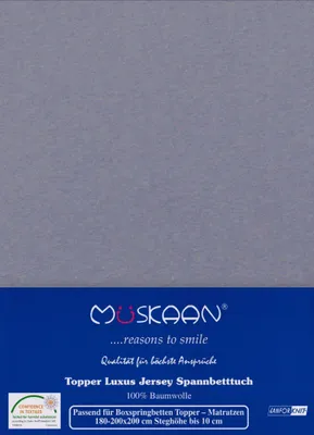 A flat lay image of a grey fitted sheet with product information printed on a blue background.