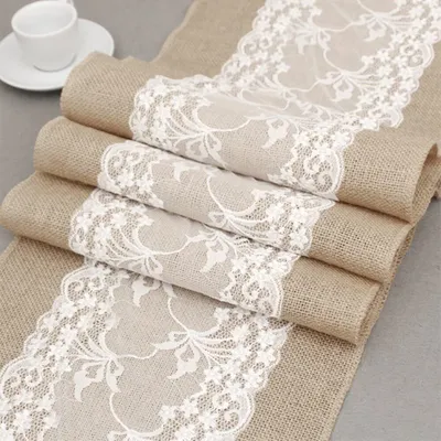 Produktbild von Tischläufer Jute Tischband Natur mit Spitze Tischläufer aus Sackleinen mit Lesbie, für Hochzeit Festival Tischdekoration, 30 * 305cm, weiße Spitze