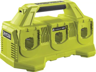 A bright green Ryobi 18V ONE+ 6-port sequential USB charger is shown against a white background.