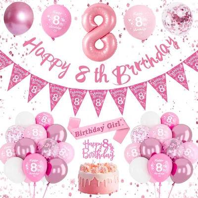 Produktbild von Geburtstagsdeko Set rosa, 8. Geburtstag, Ballons, Banner, Tortentopper für Mädchen