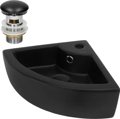 A black corner sink and a drain assembly on a white background.