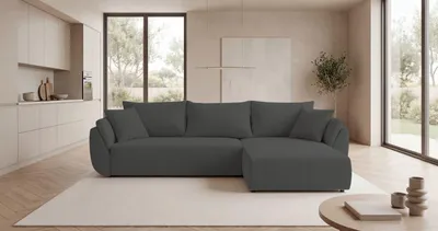 Image de Canapé d’angle SYDNEY droit gris foncé velours côtelé Poso 60 - fonction couchage, coffre de rangement pour la literie