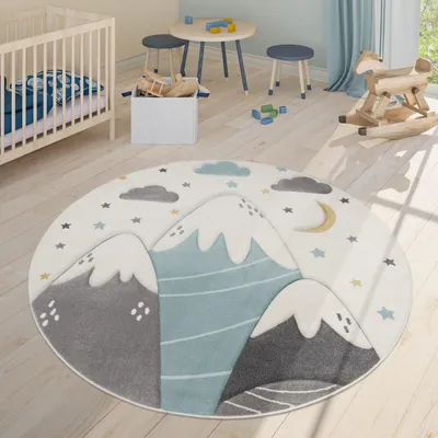 Produktbild von TT Home Kinderzimmerteppich Junge Mädchen Kinderteppich Wolken 3D Optik Sterne Berge Größe 120 cm Rund