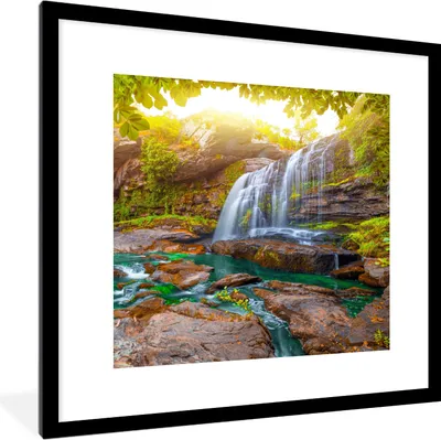 Produktbild von MuchoWow® Gerahmtes Poster Natur - Wasserfall - Pflanzen - Bäume - Sonne 40x40 cm - Poster mit Schwarzem Bilderrahmen Wandposter Rahmen Foto Bilder - Poster - Plakat im Rahmen