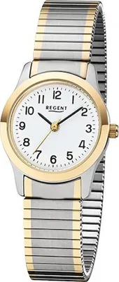 Produktbild von Regent Damen Armbanduhr Quarz Analog Edelstahl Mineralglas 3 ATM 27 mm Durchmesser Faltschließe rundes Gehäuse bicolor arabische Zahlen Minuterie Zentralsekundenzeiger