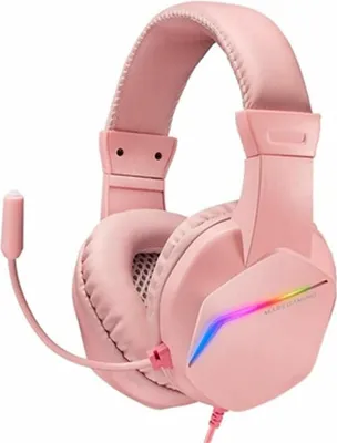 A pink gaming headset with RGB lighting on a white background.