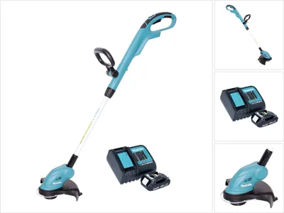 A teal and black string trimmer with two batteries and a charger, displayed against a white background.
