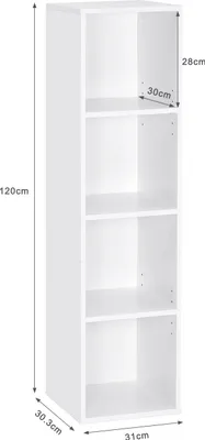 Image de Meerveil Bibliothèque à 4 compartiments, étagère cubique, bibliothèque en bois, étagère sur pied, étagère murale, étagère de rangement, blanc