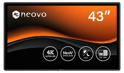 Image de AG Neovo QX4302 : écran LED 4K2K de 43 pouces, technologie MVA, fréquence de 60 Hz, résolution 3840 x 2160, luminosité de 500 cd/m², contraste de 3000:1, temps de réponse de 5 ms