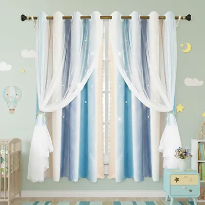 Produktbild von 2 Stück Vorhang Blickdicht Gardinen Stern Doppelschicht Ösenvorhänge mit Voile für Schlafzimmer Wohnzimmer Kinderzimmer, Blau, B132xH160cm