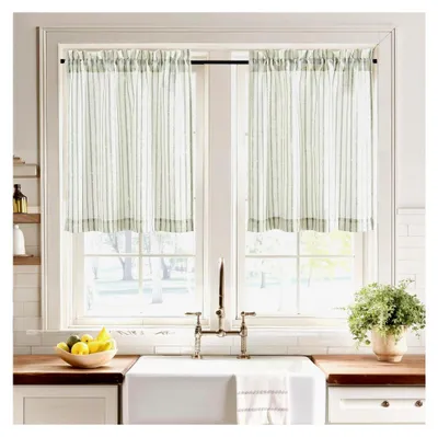 Produktbild von Scheibengardinen aus Leinen mit salbeigrünen Streifen, halbtransparente Vorhänge mit Stangedurchzug, Bistrogardine im 2er Set, B 60 x H 45 cm