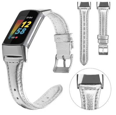 Obrázok produktu pre Pre Fitbit Charge 6 / 5 kožené hodinky Smart Sport Strap Silver Veľkosť: L Príslušenstvo