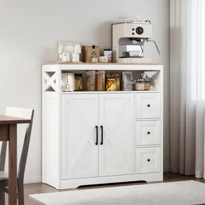 Image de Armoire de cuisine / buffet UnboxG blanc 100×40×105 cm avec 3 tiroirs et 2 portes, espace de rangement pour la salle à manger