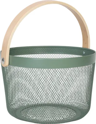Produktbild von Relaxdays Drahtkorb mit Henkel, rund, Aufbewahrungskorb Metall & Holz, Utensilienkorb Küche, Bad, Wohnzimmer, mint