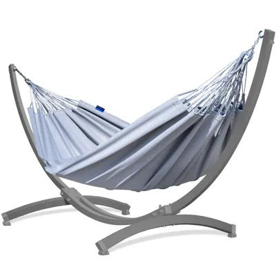 Produktbild von Potenza Outdoor Hängematte mit Verzinkter Tytan Gestell für 2 Personen I Baumwolle Merida  - Doppelhängematte  220x160, 220kg I Grau Hängemattengestell 350kg, wetterfest