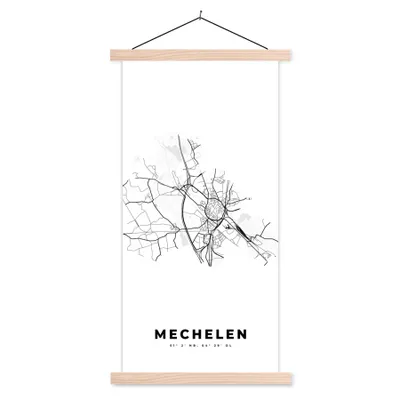 Produktbild von MuchoWow® Textilposter Karte - Belgien - Mechelen - Schwarz und weiß - Stadtplan 40x80 cm mit holzfarbenen Rahmen - Wohnzimmer