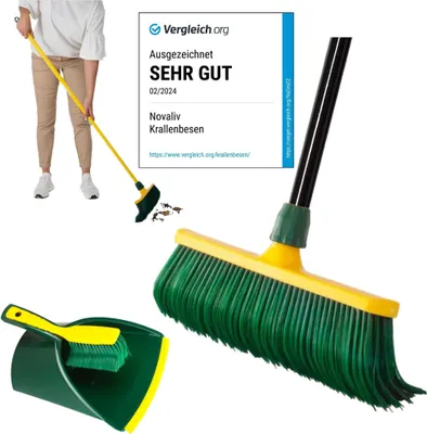 Produktbild von Novaliv Premium Krallenbesen mit Stiel 30cm inkl. Kehrgarnitur Outdoor, Spezialbesen gebogenen Borsten Kunststoffkopf -Ideal als Gartenbesen, Kratzbesen, Kunstrasen Besen, Optimal für Camping