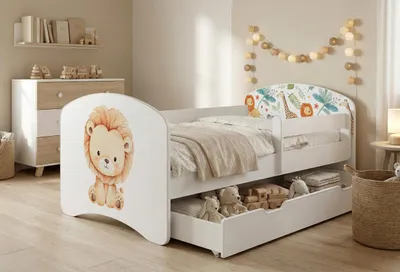 Immagine prodotto di Lettino Happy Babies con sponde di sicurezza per bambini, modello da ragazzo 140x70, per cameretta con cassetto, materasso per lettino singolo, bianco, adesivi colorati