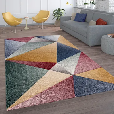 Produktbild von Teppich Wohnzimmer Kurzflor Geometrisches Muster Mit 3D Optik Grau Gelb Blau Rot Grösse 60x110 cm