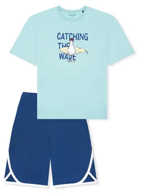 Produktbild von Schiesser Nightwear Baumwolle Schlafanzug Set aus T-Shirt und kurzer Hose, Hose mit Kontraststreifen an den Seiten, Aus weicher Baumwolle