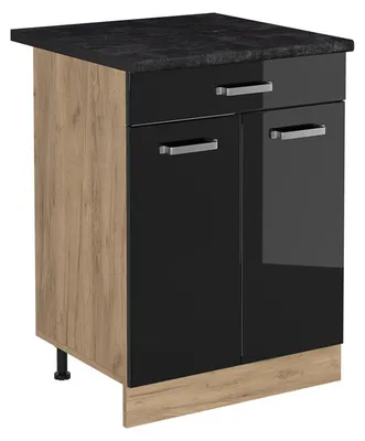 Image de Meuble bas de cuisine Vicco R-Line Noir Haute brillance/Chêne doré 60cm avec tiroir plan de travail Anthracite, Model 61219