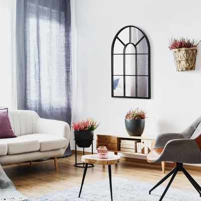 Produktbild von Wandspiegel Fenster-Design Metallrahmen, Fensterspiegel Flurspiegel Schwarz, Dekospiegel modern | 70 x 50 cm | Metall & Glas | vorinstallierte Haken