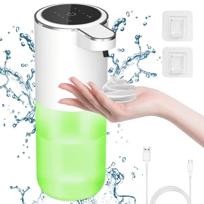 Image de Distributeur automatique de savon moussant avec indicateur de niveau, distributeur électrique de savon moussant de 400 ml avec capteur, 4 niveaux de dosage, distributeur automatique de savon moussant à fixation murale pour la salle de bains et la cuisine.