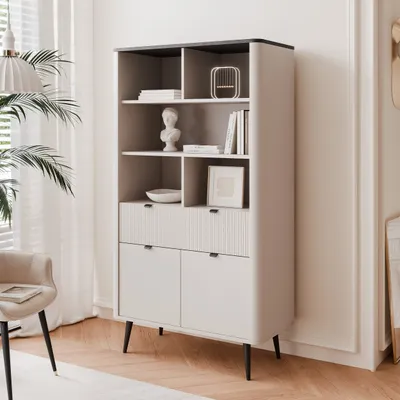Produktbild von Großes Standregal NAVANI 90 cm mit Regalböden und Schublade Bücherschrank Bücherregal Kaschmir +Steingrau Soft-Close-System Schrank Griffe Wohnzimmer