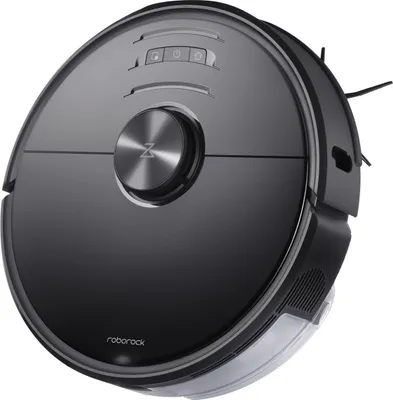 A black Roborock S6 MaxV robot vacuum cleaner is shown from a slightly elevated diagonal angle against a white background.