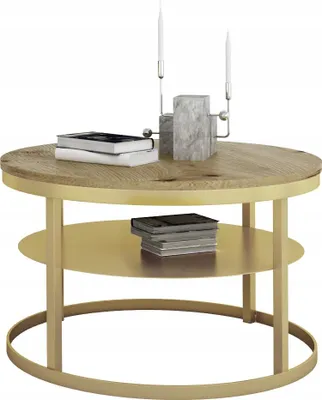 Zdjęcie produktu dla Okrągły Stolik Kawowy z Półką Do Salonu Loft Metal 75cm Złoty+Dąb Artisan