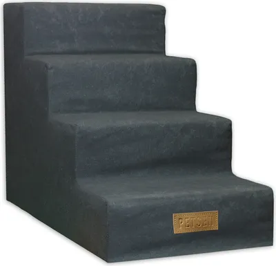 A dark gray, four-step pet stair, likely for dogs or cats, is shown against a white background. A small, tan leather-like patch with the brand name "PETSEL" is visible on the front bottom step.