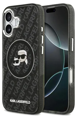 A black Karl Lagerfeld phone case with a repeating logo pattern and a circular graphic featuring cartoon heads of Karl Lagerfeld and Choupette. The phone case is shown on an angle, with the screen of a smartphone visible to the right.