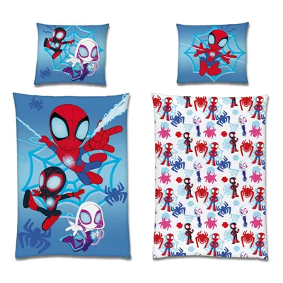 A collage of Spidey-themed bedding items, including pillowcases and a duvet cover, featuring cartoon-style illustrations of Spider-Man and other characters.