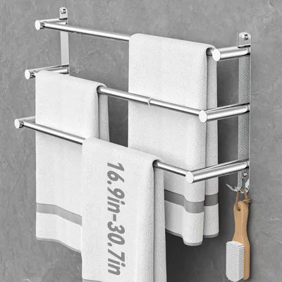 Image de Porte-serviettes extensible 43-74 cm, sans perçage, en acier inoxydable, double barre, à fixer au mur, pour salle de bain (argent, 3 barres)