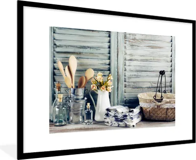 Produktbild von MuchoWow® Gerahmtes Poster Stilleben - Küchenutensilien - Rustikal 90x60 cm - Poster mit Schwarzem Bilderrahmen Wandposter Rahmen Foto Bilder - Wanddekoration - Fotos