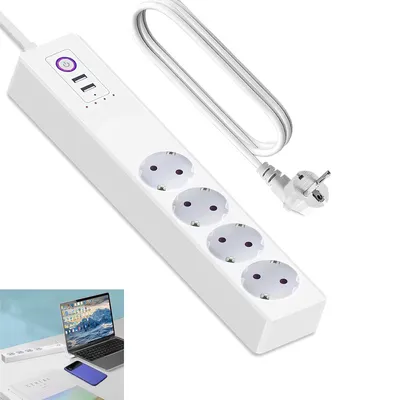 Produktbild von Mehrfachsteckdose mit Überspannungsschutz 3000W – 4-fach Steckdosenleiste mit USB & USB-C, 1,5 m Kabel für Zuhause & Büro