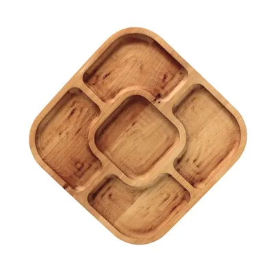 Produktbild von 28x28cm Servierplatte aus natürlichem Holz mit 5 geteilten Fächern, Servierteller von Vorspeisen, Käse und Snacks, Holzplatte Cheeseboard für Fleisch und Käse, Käseplatte, Cheese Board