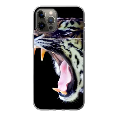 Produktbild von MuchoWow® Handyhülle Schutzhülle Hülle für iPhone 12 Pro Brüllender Tiger auf schwarzem Hintergrund Silikon Softcase Handy Hülle