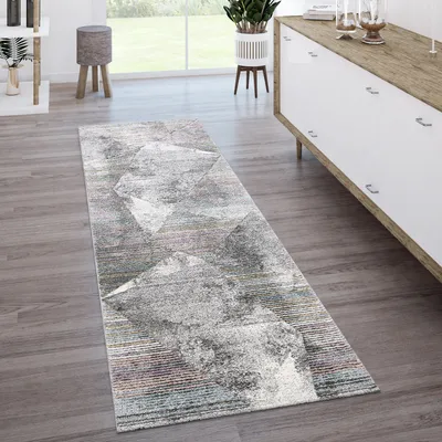 Image de Tapis salon vintage à poils courts Motif géométrique Rayures Gris beige Dimensions 60 x 110 cm