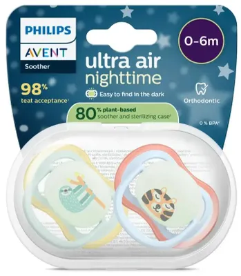Zdjęcie produktu dla Philips AVENT Pacifier SCF376/24 ultra air Nighttime, Klasyczny smoczek dziecięcy, Ortodontyczne, Silikon, Chłopak, dziewczyna, Możliwość umycia w zmywarce